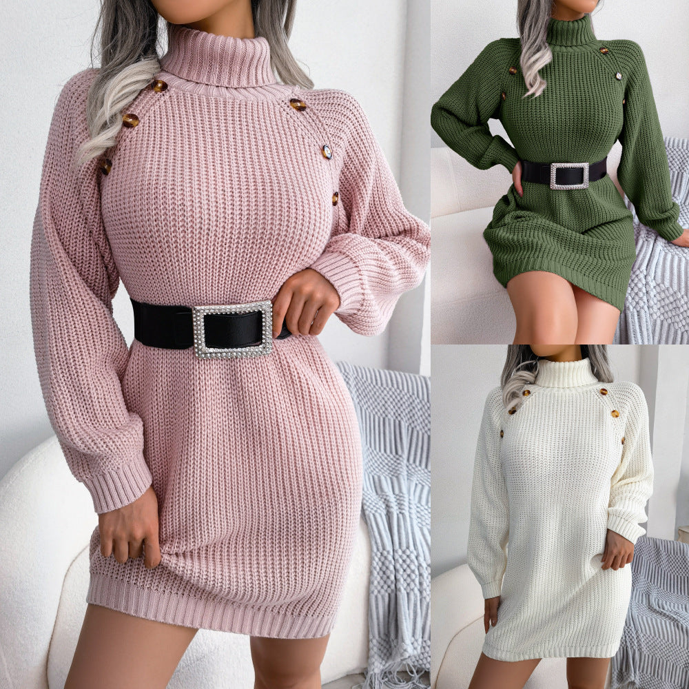 Woman in roll neck knitted jumper dress