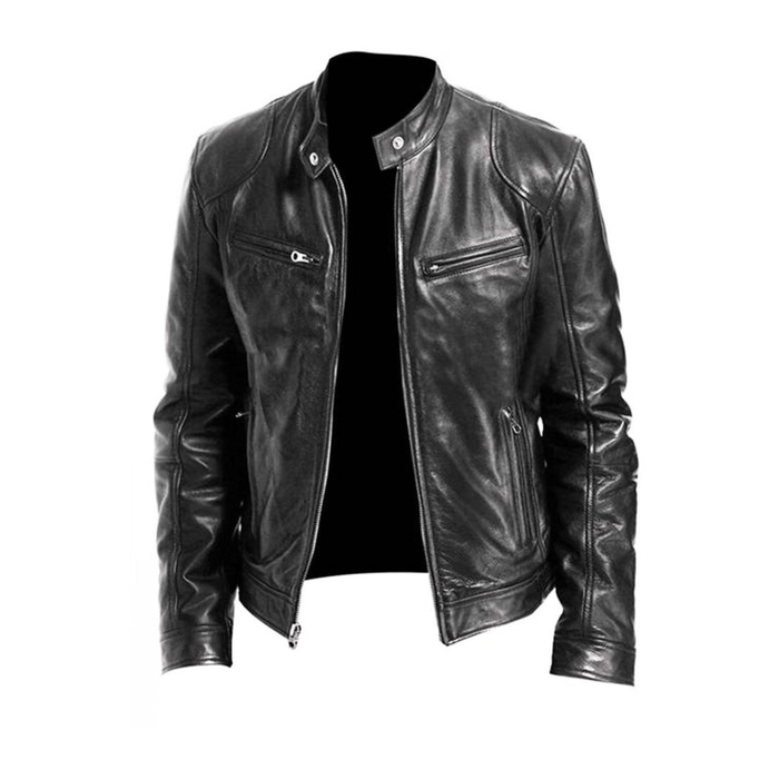 Men's Stand Collar Biker Jacket with Zip Front