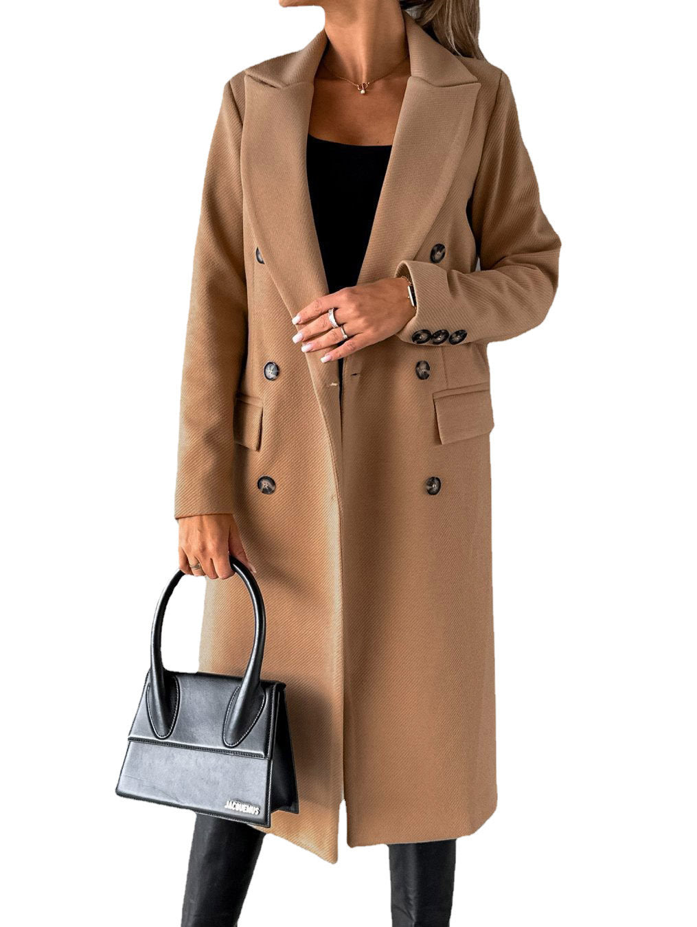 Woman in long double-breasted coat