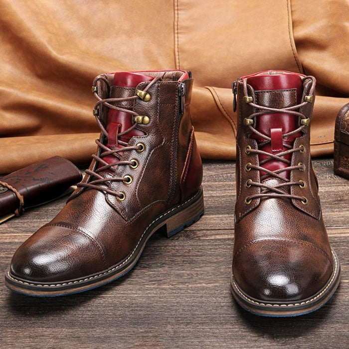 Men's Lace-Up Boots with Side Zip and Cap-Toe Detail