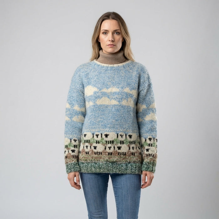 Women's Sheep Scene Knit Jumper with Rolled Neckline