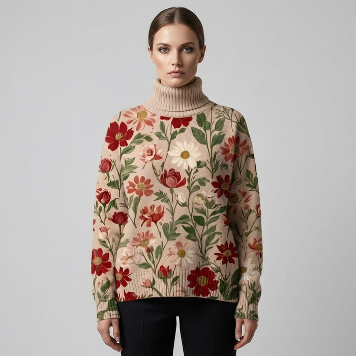 Vintage Christmas Art Print Knit Turtleneck Pullover Sweater – Festive Style for Colder Days