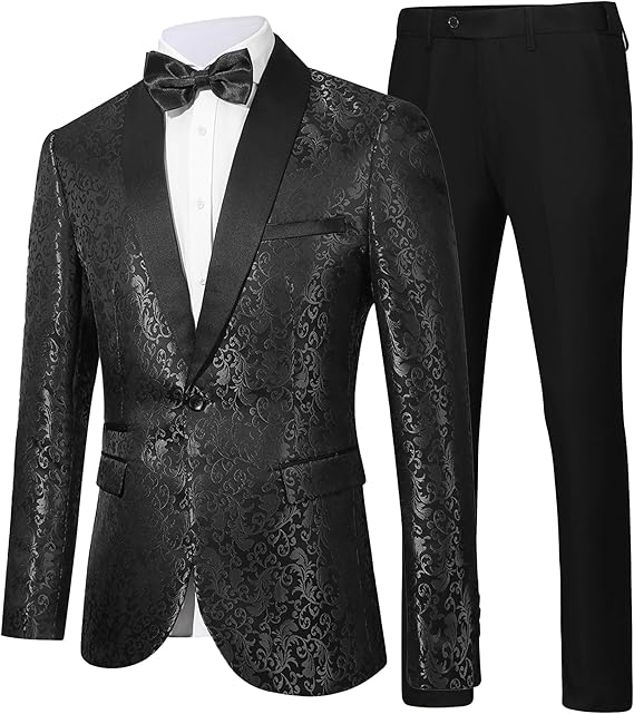Men's Patterned Tuxedo with Shawl Lapel and Bow Tie
