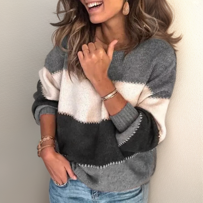 Women's Colour Block Striped Jumper with Round Neck