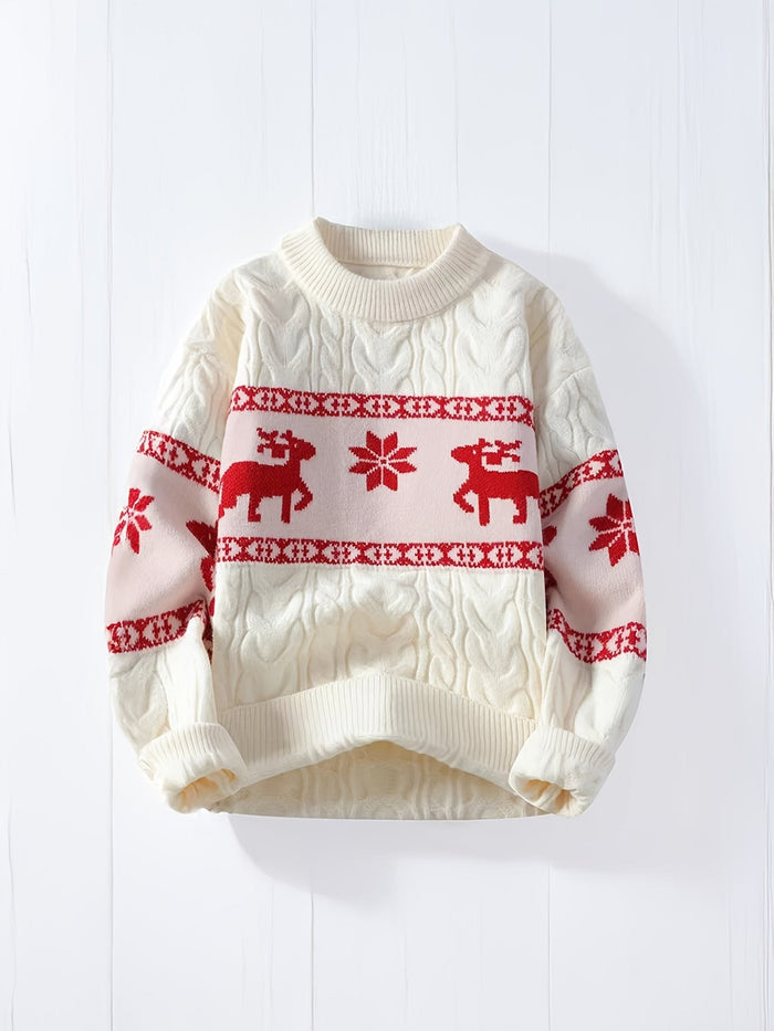 Cable-Knit Jumper with Reindeer Fairisle for Winter
