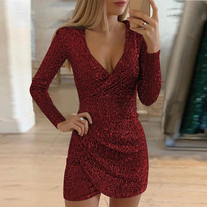 Women's Sequin Wrap Mini Dress with V-Neck Long Sleeves