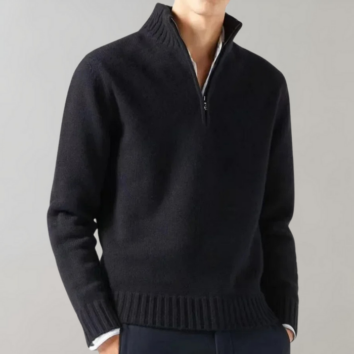 Men's Half-Zip Jumper with Stand Collar and Ribbed Hem