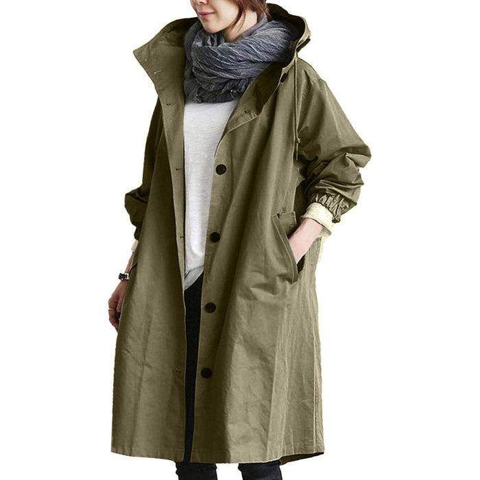 Women's Hooded Long Raincoat with Button Front