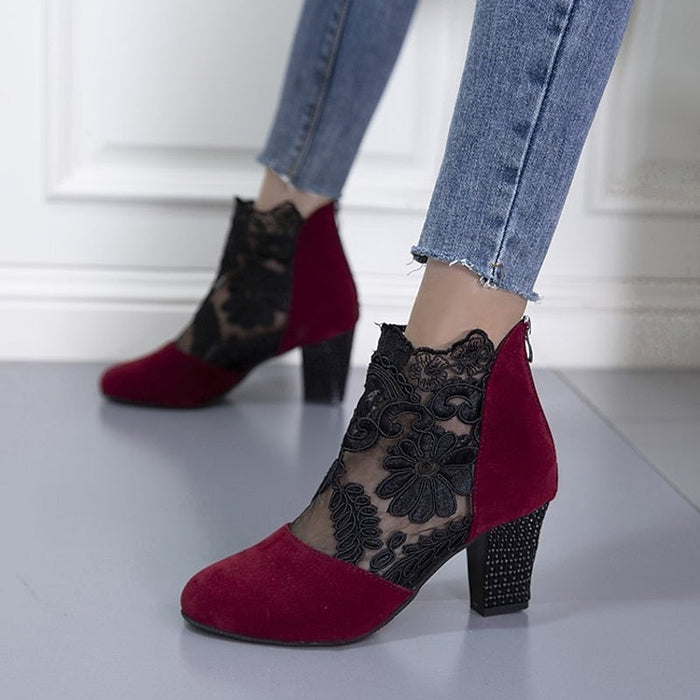 Women's Lace-Panel Heeled Ankle Boots Block Heel