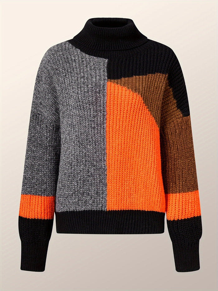 Women's Colour Block Turtleneck Jumper Long Sleeve